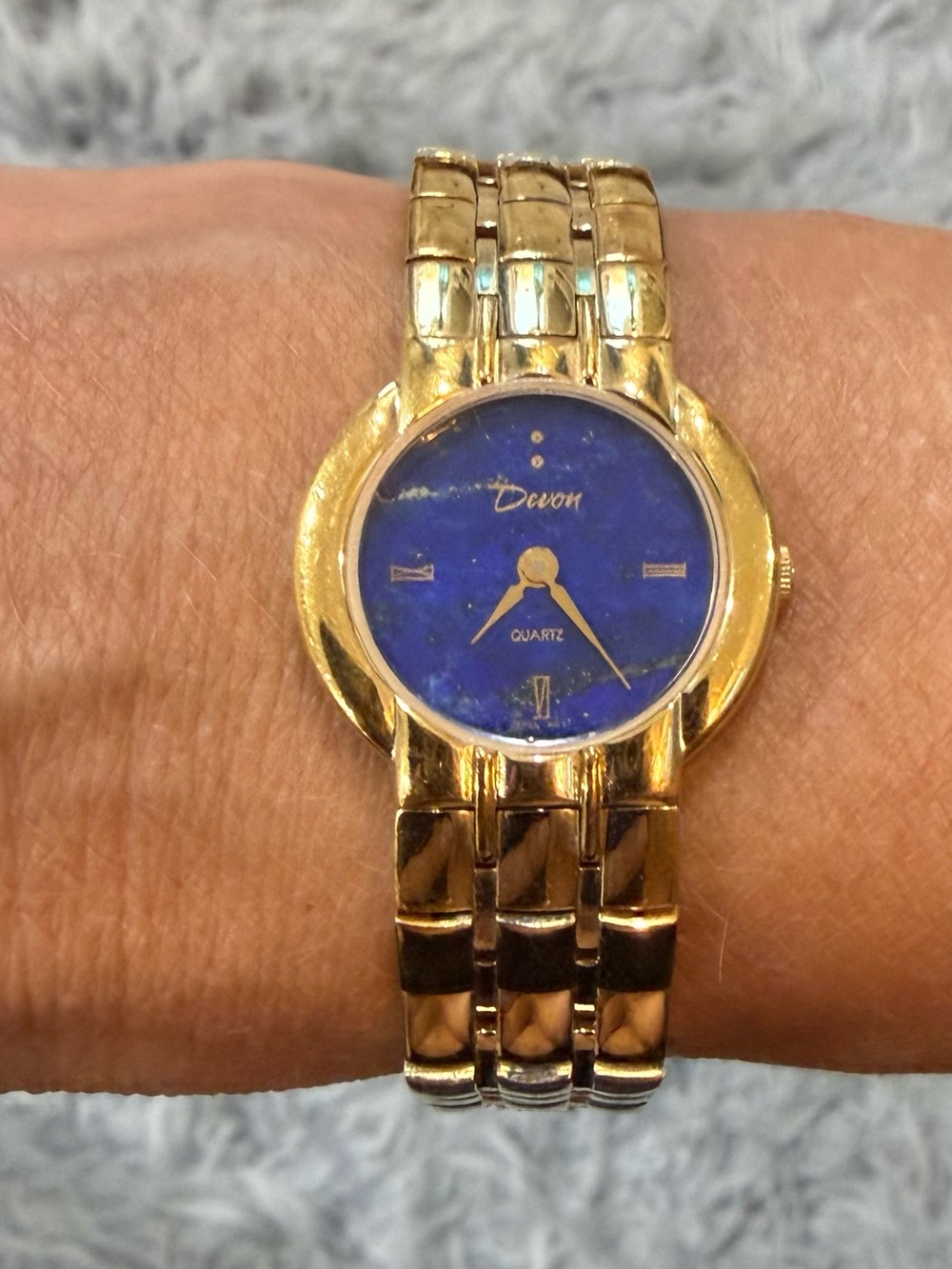 Watch by Devin Yellow tone band with blue lapis dial WORKS new battery